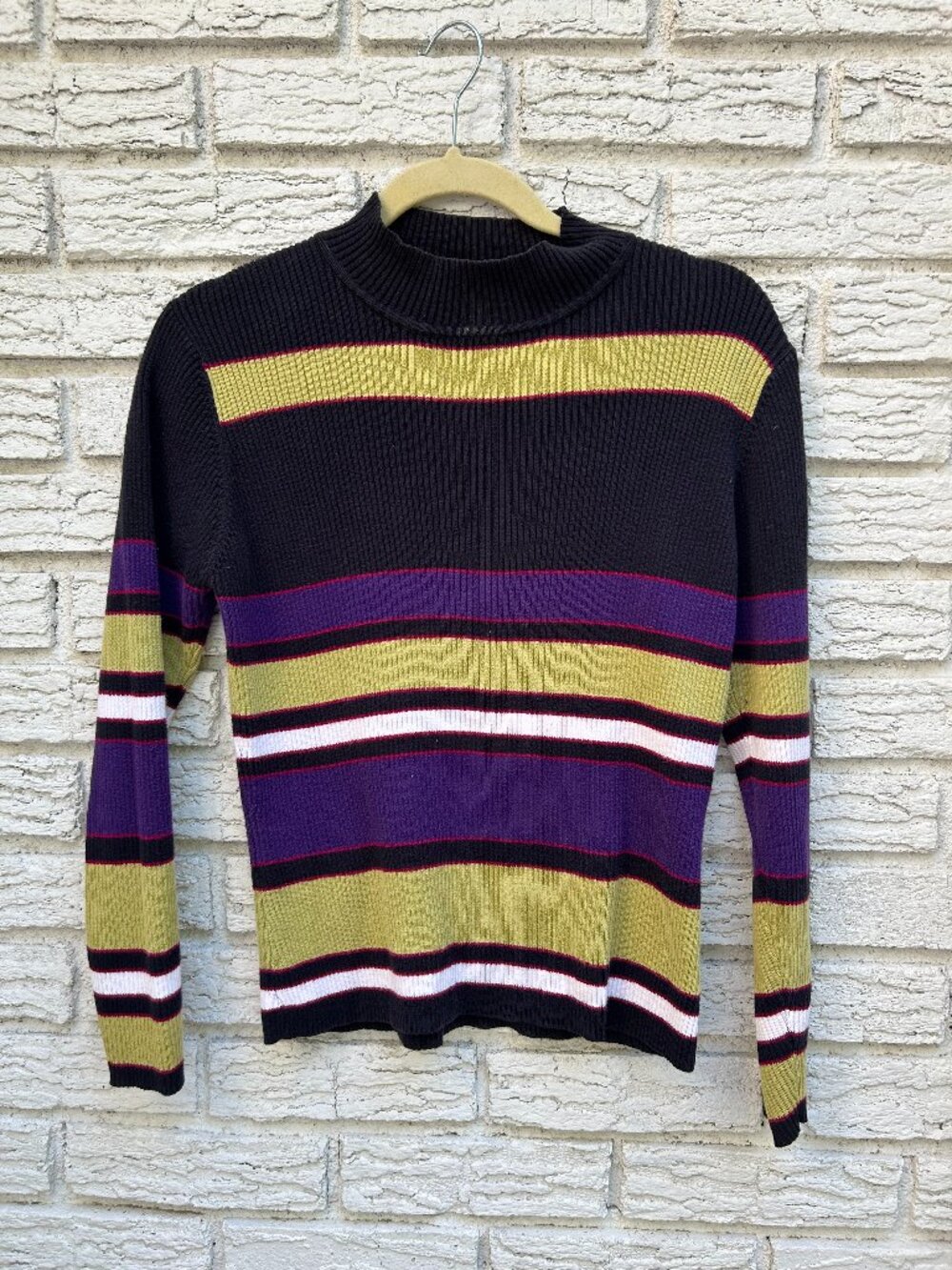 Vintage Kim Rogers Sport Striped Ribbed Mock Neck Sweater Size M